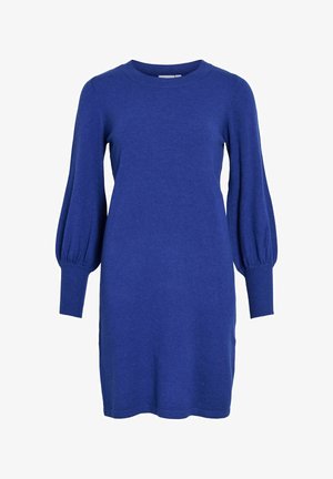 Blauwe gebreide jurk met een ronde halslijn, lange puffmouwen en geribbelde mouwen. Soepele textuur en lengte boven de knie.