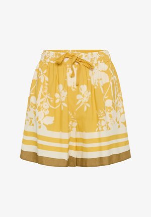 Shorts à imprimé floral jaune et blanc avec taille élastique, noué à l'avant, et ourlet à rayures horizontales.