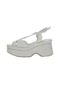 Sandali platform intrecciati bianchi con punta aperta, cinturini incrociati e cinturino alla caviglia regolabile. Suola testurizzata con una forma sagomata.
