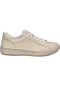 Beige leather sneakers with a smooth texture, low profile, rounded toe, and tonal laces. Features a rubber sole with a subtle pattern.