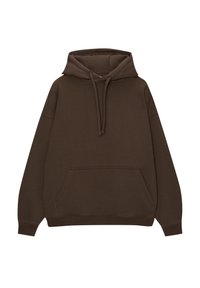 Felpa marrone realizzata in tessuto morbido, con cappuccio regolabile, tasca frontale e polsini e orlo a costine. Design semplice e privo di decorazioni.