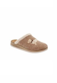 Pantofole in maglia marrone con un morbido rivestimento in pelliccia, caratterizzate da un motivo a osso di cane in plaid beige e bianco sulla parte superiore. Suola leggera.