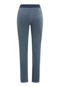 Pantaloni stretch blu con un morbido elastico in vita, design a gamba dritta e due tasche posteriori. Texture liscia, versatili per abbigliamento casual.