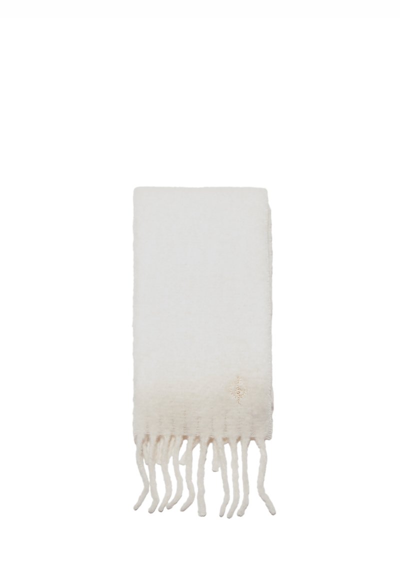 Écharpe en laine de couleur blanc cassé avec une texture douce, des bords frangés et un motif dégradé subtil s'éclaircissant vers les extrémités.