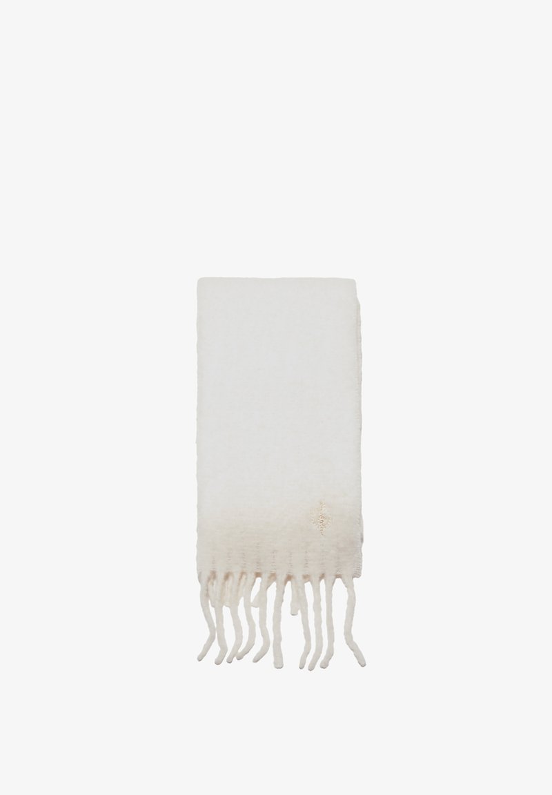 Vlněný šátek v barvě off-white s jemnou texturou, třásněmi na okrajích a jemným gradientním vzorem, který se na koncích vytrácí do světlejšího odstínu.