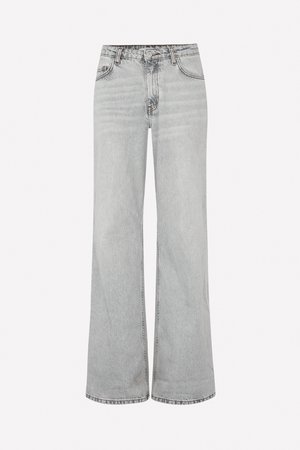 Wide-leg jeans in light grey denim, featuring a high-rise waist, classic five-pocket design, and a subtle fade throughout for texture.