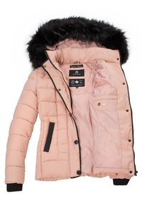Light pink puffer jacket with a black fur-lined hood, zip closure, and quilted design. Interior features black accent pockets and a label.