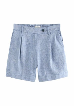 Shorts din in albastru deschis, cu o croială relaxată, având pliu în față, închidere cu nasture și buzunare laterale. Material neted, texturat.