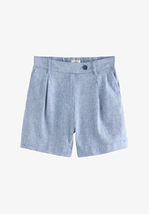Shorts en lin bleu clair avec une coupe décontractée, dotés de plis à l'avant, d'une fermeture à bouton et de poches latérales. Tissu lisse et texturé.