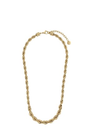 Collana con catena tipo corda intrecciata color oro con chiusura a moschettone e catenina estensibile regolabile con piccolo ciondolo rotondo.