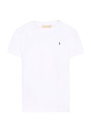 T-shirt bianca a maniche corte con scollo tondo e piccolo logo ombrello blu scuro sul petto sinistro.