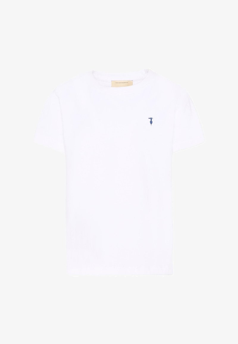 T-shirt blanc à manches courtes et col rond avec petit logo parapluie bleu foncé sur le côté gauche de la poitrine.