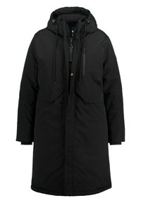 Manteau noir avec capuche, doté d'une fermeture éclair à l'avant, de deux grandes poches, de réglages à cordons et d'un tissu texturé, résistant à l'eau.
