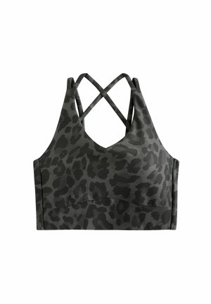 Donkergrijze sportbeha met een luipaardprint, voorzien van een V-hals en gekruiste banden op de rug, ontworpen voor sportkleding.