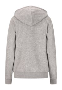 Grå hoodie med en strukturerad yta, som har en dragsko i huvan och ribbad mudd. Designen är enkel och minimalistisk, utan synliga logotyper.