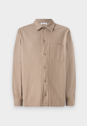 Beige button-up shirt with a striped texture, featuring a collar, long sleeves, and a chest pocket. Made from soft fabric.