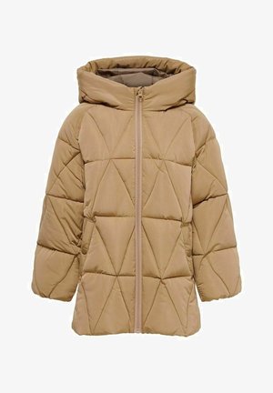 Chaqueta de plumas color marrón claro con capucha, que presenta un cierre frontal con cremallera, textura de rombos acolchados y bolsillos laterales. Material suave y ligero.