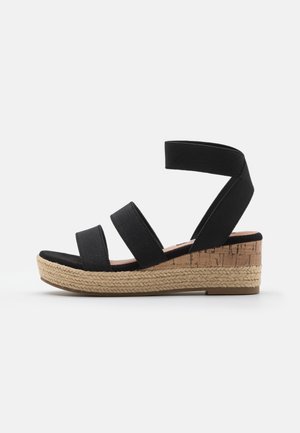 Black wedge sandals with three elastic straps, cork detail, and woven jute sole. Features a closed toe and textured footbed.