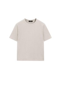 Lichtgrijze katoenen t-shirt met korte mouwen, een ronde hals en een ontspannen pasvorm. Kenmerkt zich door minimale stiksels en geen zichtbare patronen of accenten.