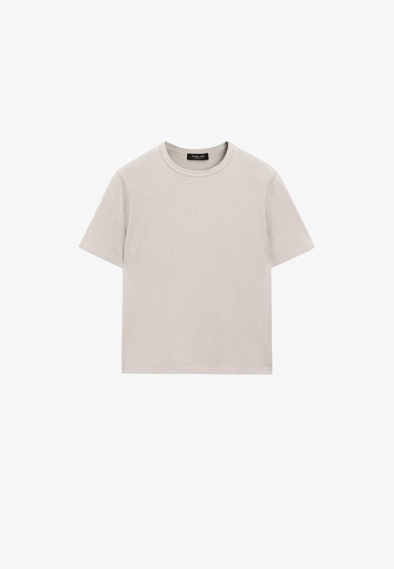Lysegrå bomulds t-shirt med korte ærmer, rund halsudskæring og afslappet pasform. Har minimal syning og ingen synlige mønstre eller accenter.