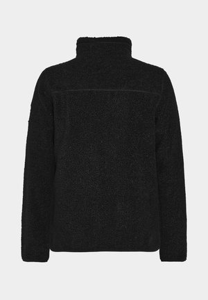 Svart fleecejacka med hög krage, texturerad utsida, långa ärmar och en enkel design. Inga synliga logotyper eller hårdvarudetaljer.