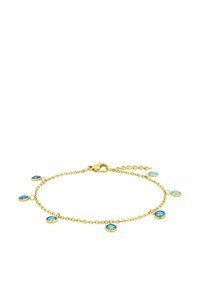 Pulsera de cadena de oro que presenta siete piedras azules engastadas en biseles circulares, con eslabones delicados y un cierre de langosta con cadena ajustable.