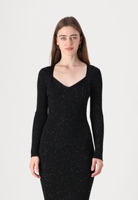 Black long-sleeve dress featuring a fitted ribbed design with a V-neckline, adorned with scattered glitter details throughout.