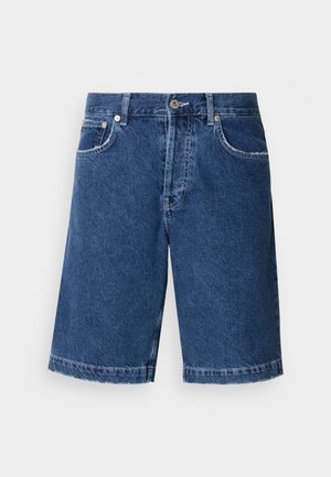 Donkerblauwe denim shorts met een rechte snit, twee voorzakken en een klassieke knoopsluiting. Gestikte zoom met lichte vervaging.