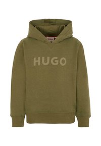 Felpa verde oliva con logo "HUGO" frontal, polsini e orlo a coste, e cappuccio attaccato.
