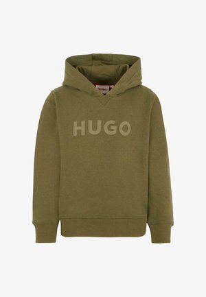 Sudadera verde oliva con el logo "HUGO" en el frente, puños y dobladillo acanalados, y capucha adjunta.