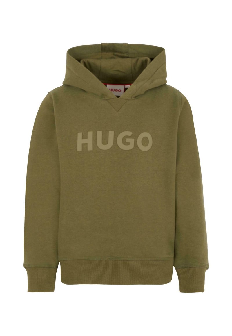 Felpa verde oliva con logo "HUGO" frontal, polsini e orlo a coste, e cappuccio attaccato.
