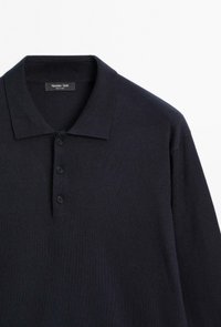 Dark navy long-sleeve polo shirt with collar and three black buttons, featuring a Massimo Dutti label inside the collar.