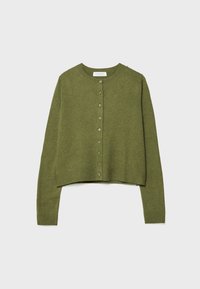Cardigan court vert à manches longues avec encolure ronde et boutons sur le devant, présenté sur un fond uni clair.