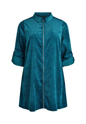 Giacca zip-up teal realizzata in tessuto morbido e testurizzato. Presenta un collo con rever e maniche arrotolate per una vestibilità regolabile.