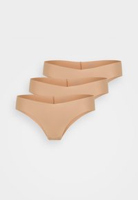 Nude-kleurige damesstring met een soepel elastische tailleband. Set bevat drie paar. De stof is zacht, rekbaar en naadloos.