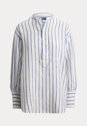 Wit overhemd met lange mouwen en verticale blauwe strepen, een bandkraag, een knoopsluiting en knoopmanchetten.