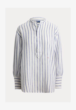 Camicia bianca a maniche lunghe con strisce blu verticali, collo alla coreana, patta con bottoni e polsini con bottoni.
