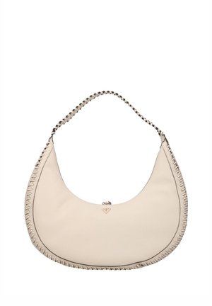 Sac à main en cuir crème en forme de croissant avec anse tressée et bords cousus sur fond blanc.
