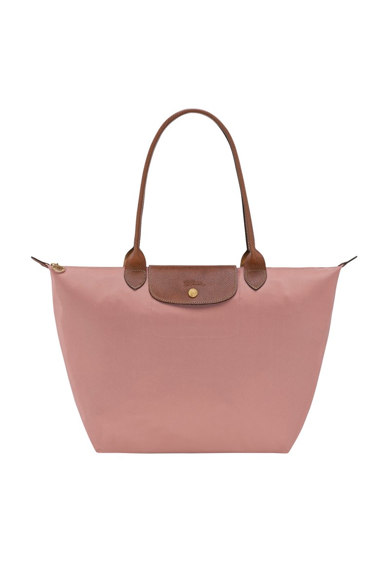 Rosa Nylon-Tragetasche mit braunen Lederakzenten, ausgestattet mit zwei Griffen und einem oberen Reißverschlussverschluss. Glatte Textur mit minimaler Detailgestaltung.