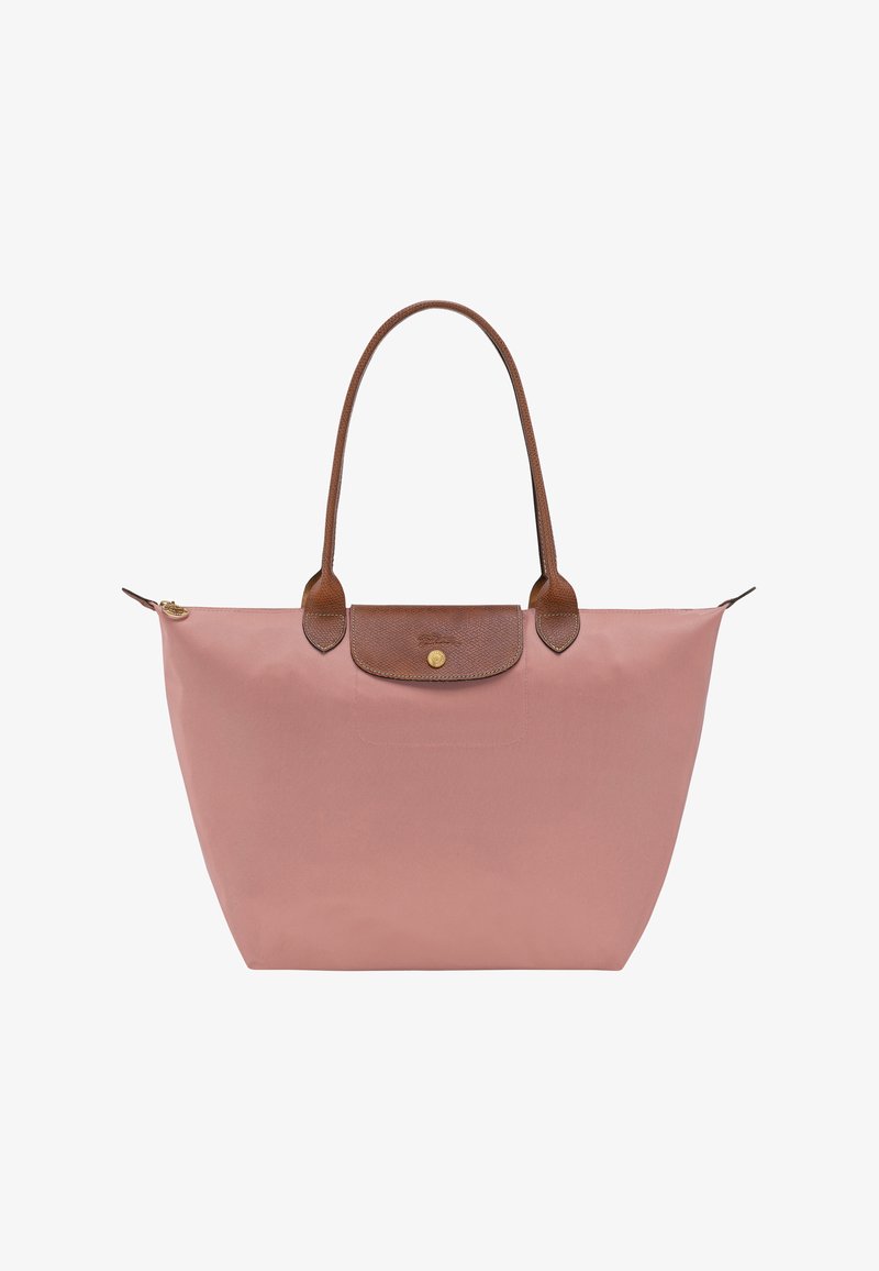 Pink nylon tote bag with brown leather accents, featuring two handles and a top zipper closure. Smooth texture with minimal detailing.