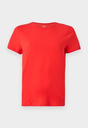 Red cotton short-sleeve t-shirt with a crew neckline, featuring a relaxed fit and the "GAP" logo in white at the center of the neckline.