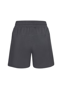 Dark gray athletic shorts with an elastic waistband, smooth texture, and a simple design. No visible pockets or embellishments.