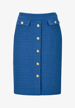 Blau gewobener Rock mit knielangem Schnitt, ausgestattet mit einer Frontknopfleiste, zwei Klapptaschen und goldfarbenen Knopfakzenten.