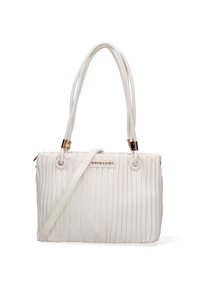 Borsa a mano bianca plissettata con doppi manici, una tracolla staccabile e un sottile logo del marchio sulla parte anteriore. Materiale testurizzato.