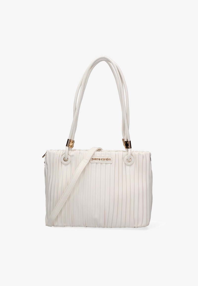 Borsa a mano bianca plissettata con doppi manici, una tracolla staccabile e un sottile logo del marchio sulla parte anteriore. Materiale testurizzato.