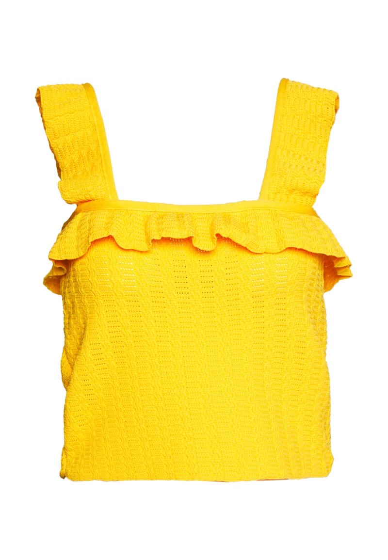 Top giallo lavorato a maglia con spalline larghe e scollo arricciato. La texture è intrecciata, con un motivo uniforme su tutta la stoffa.