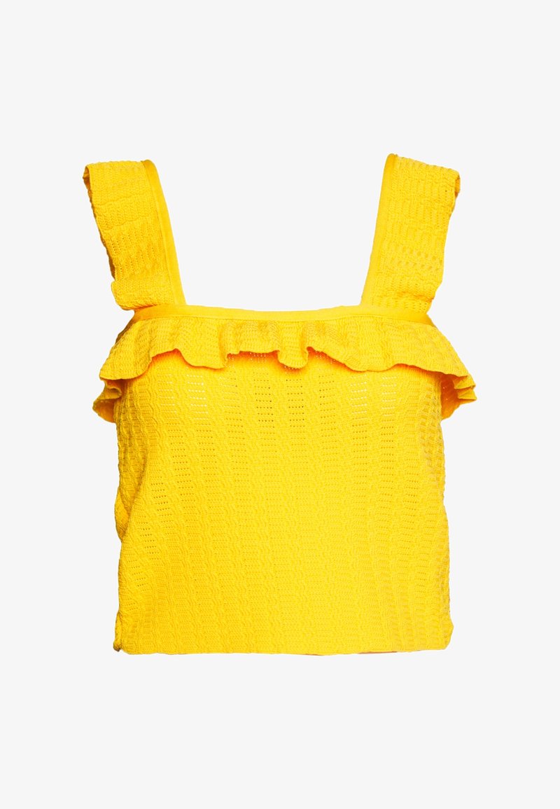 Gelbes gestricktes Oberteil mit breiten Trägern und rüschigem Ausschnitt. Die Textur ist gewebt und weist ein gleichmäßiges Muster über den Stoff auf.