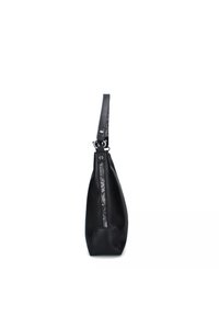 Borsa a tracolla nera in pelle con una forma strutturata, caratterizzata da una cerniera decorata, tracolla regolabile e superficie liscia.