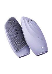 Lila elektrisk hårborste med en slät, böjd design, texturerade silikonborst och kontrollknappar med ett plus, minus och strömkontroll ikon.
