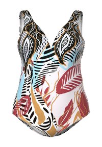 Maillot de bain une pièce avec un décolleté en V, arborant un motif tropical multicolore, incluant des accents noirs, rouges et bleus. Fabriqué en matériau extensible.